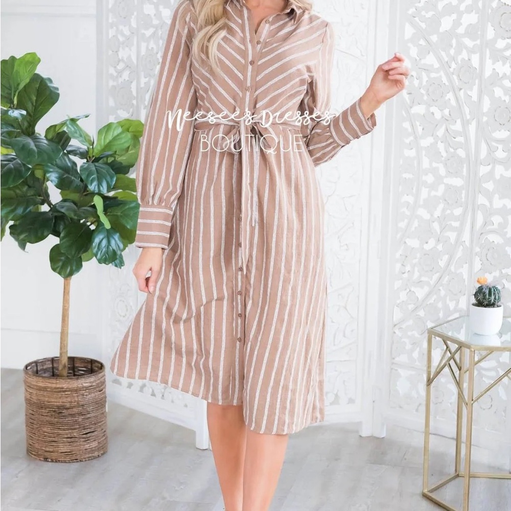 Orange Creek Long Sleeve Striped Tan Dress